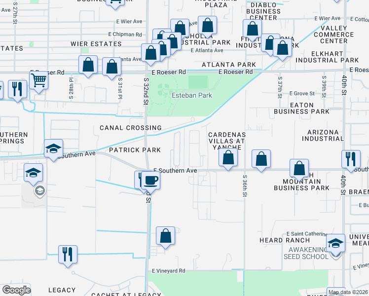 map of restaurants, bars, coffee shops, grocery stores, and more near 3334 East Southern Avenue in Phoenix