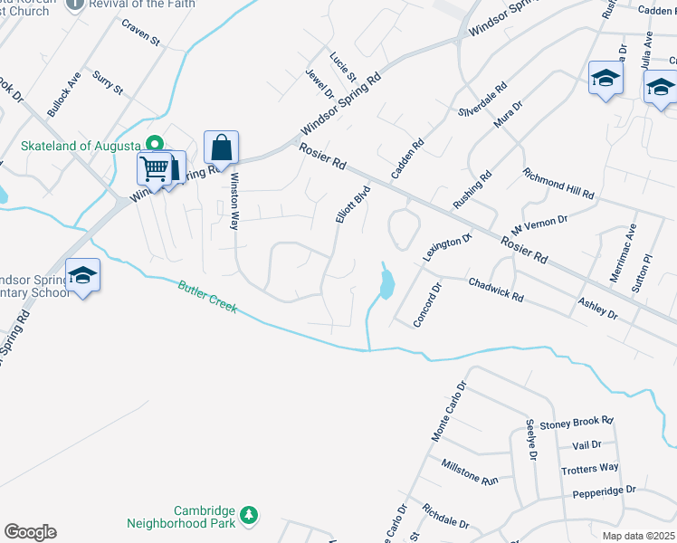 map of restaurants, bars, coffee shops, grocery stores, and more near 2209 Baxter Court in Augusta