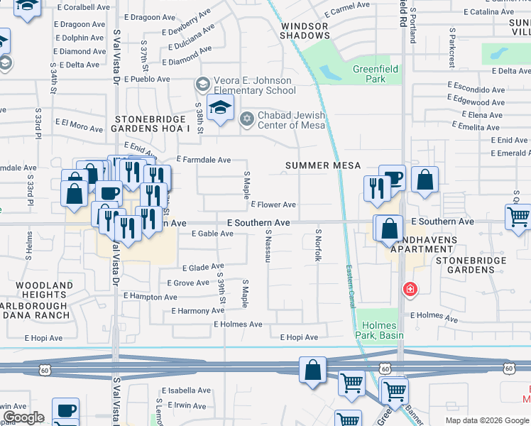 map of restaurants, bars, coffee shops, grocery stores, and more near 1147 South Maple in Mesa