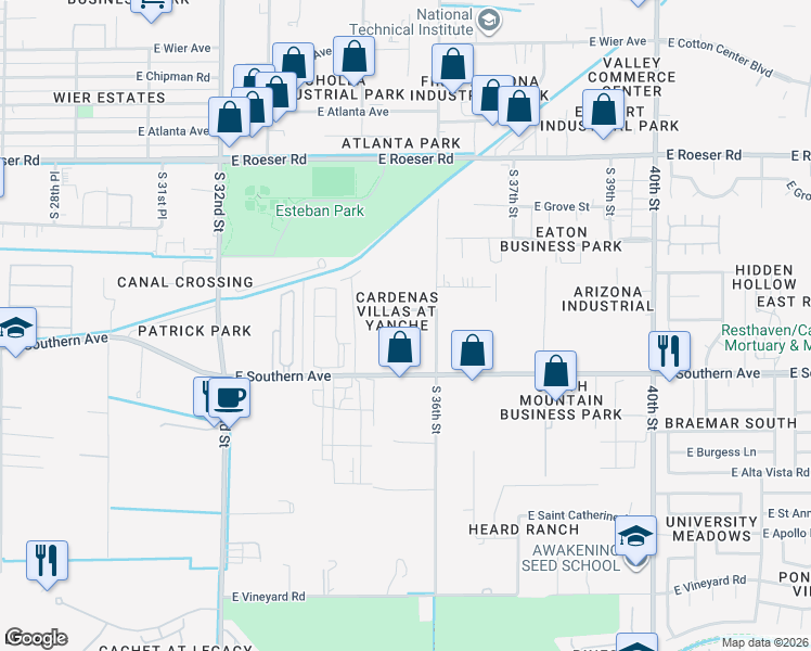 map of restaurants, bars, coffee shops, grocery stores, and more near 3527 East Wayland Drive in Phoenix