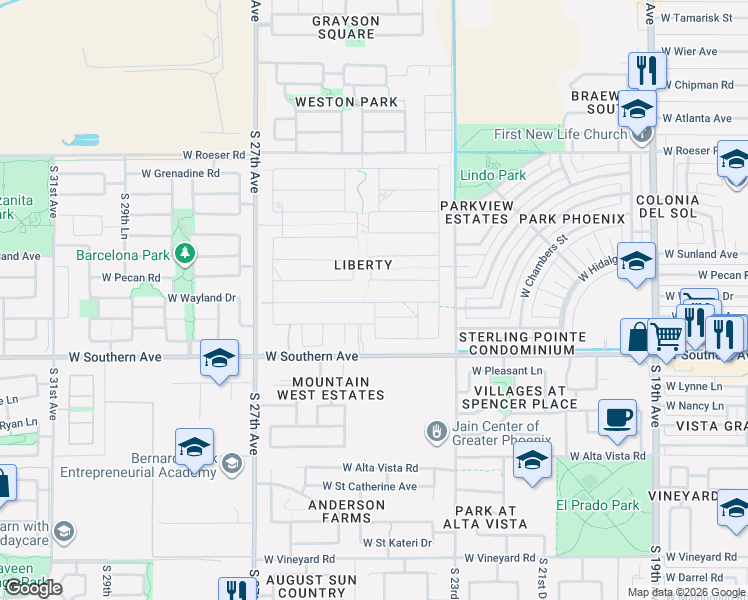 map of restaurants, bars, coffee shops, grocery stores, and more near 2455 West Pecan Road in Phoenix