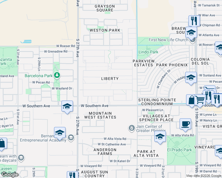 map of restaurants, bars, coffee shops, grocery stores, and more near 2455 West Pecan Road in Phoenix