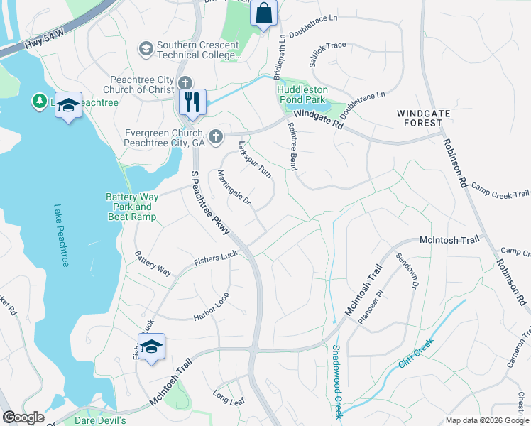 map of restaurants, bars, coffee shops, grocery stores, and more near 323 Larkspur Turn in Peachtree City