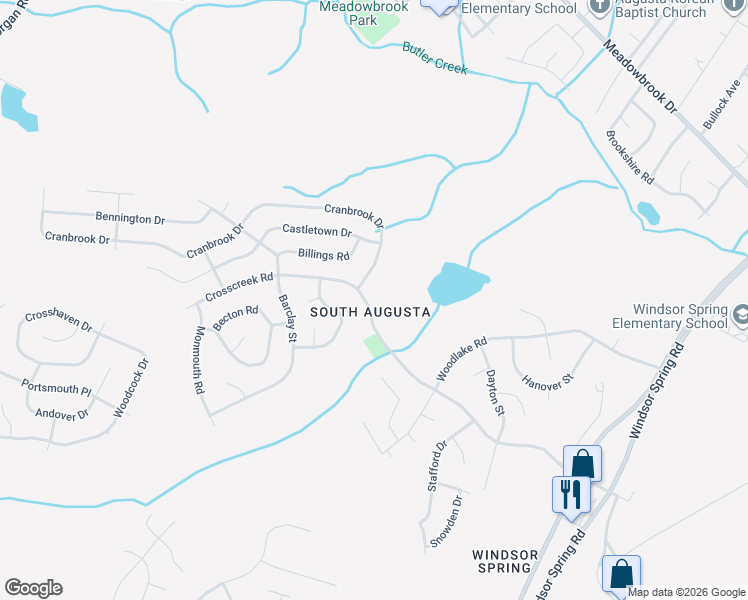 map of restaurants, bars, coffee shops, grocery stores, and more near 2633 Crosscreek Road in Hephzibah