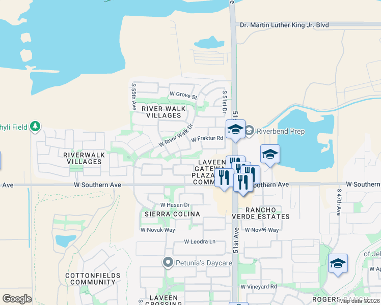 map of restaurants, bars, coffee shops, grocery stores, and more near 5638 South 52nd Drive in Phoenix