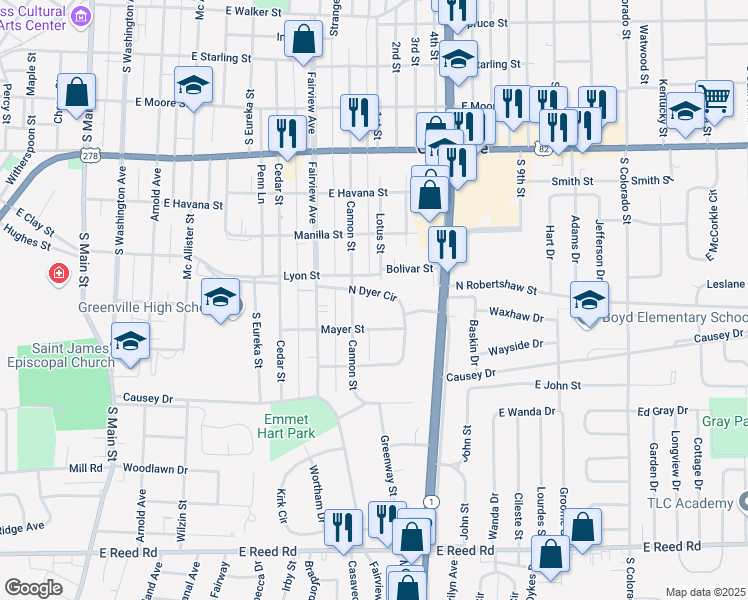 map of restaurants, bars, coffee shops, grocery stores, and more near 927 North Dyer Circle in Greenville
