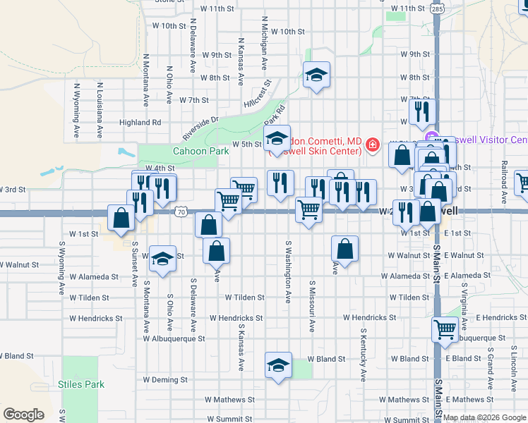map of restaurants, bars, coffee shops, grocery stores, and more near 801 West 2nd Street in Roswell