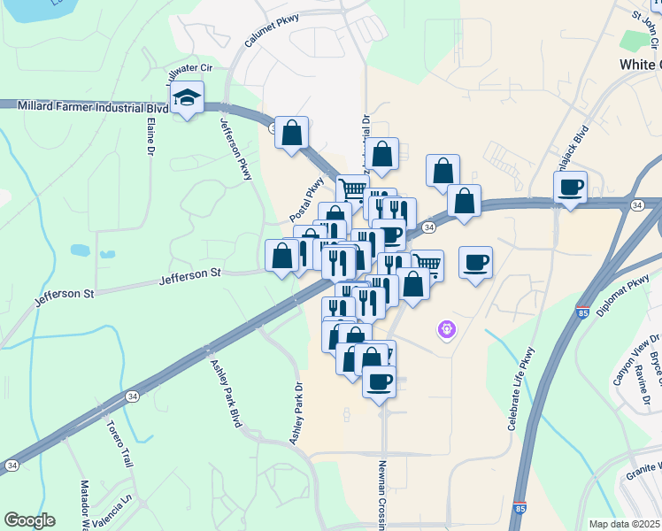 map of restaurants, bars, coffee shops, grocery stores, and more near 300 Bullsboro Drive in Newnan