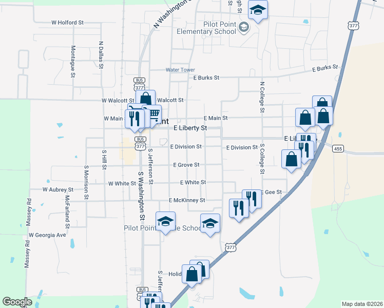map of restaurants, bars, coffee shops, grocery stores, and more near 311 East Division Street in Pilot Point