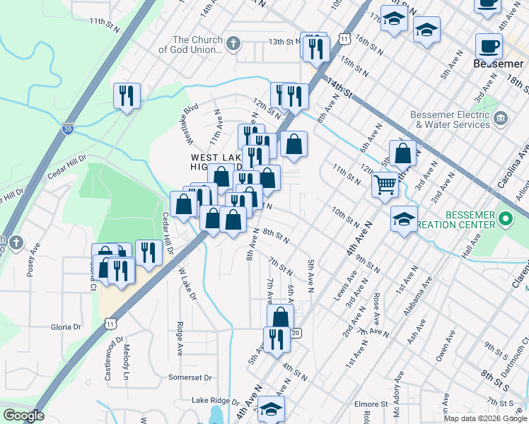 map of restaurants, bars, coffee shops, grocery stores, and more near 730 9th St N in Bessemer