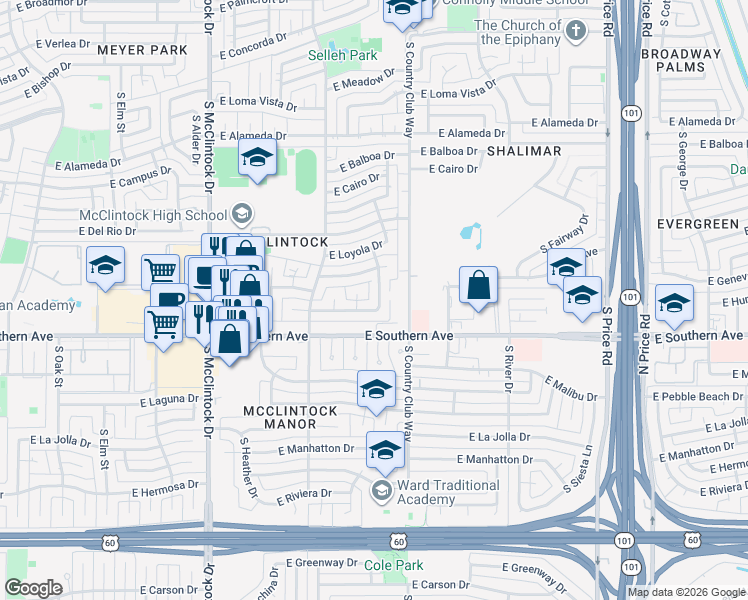 map of restaurants, bars, coffee shops, grocery stores, and more near 3227 South Kenwood Lane in Tempe