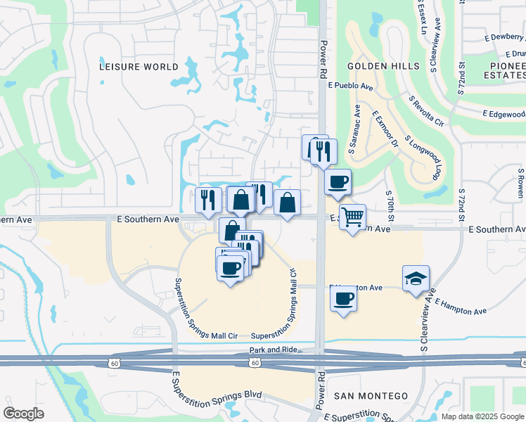 map of restaurants, bars, coffee shops, grocery stores, and more near 232 Leisure World in Mesa