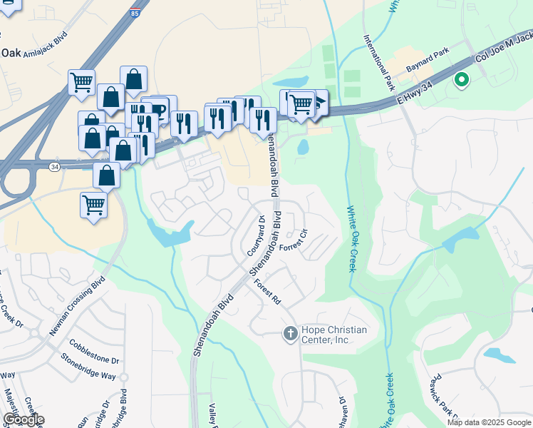 map of restaurants, bars, coffee shops, grocery stores, and more near 60 Courtyard Drive in Newnan