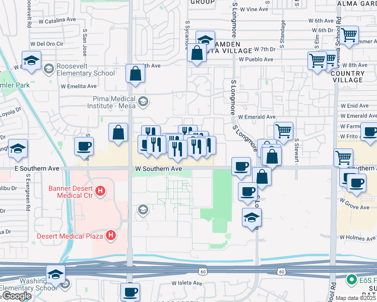 map of restaurants, bars, coffee shops, grocery stores, and more near 1754 West Southern Avenue in Mesa