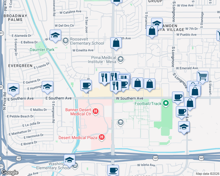 map of restaurants, bars, coffee shops, grocery stores, and more near 1111 South Dobson Road in Mesa