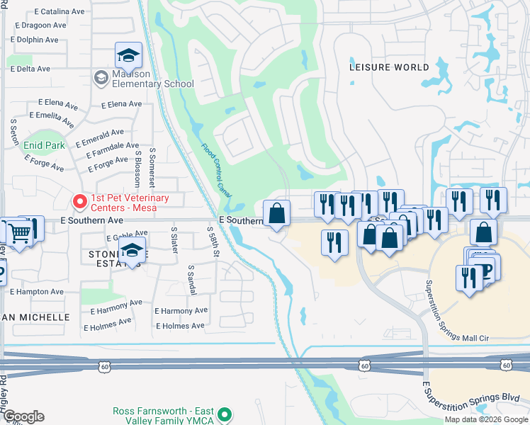 map of restaurants, bars, coffee shops, grocery stores, and more near 2329 Leisure World in Mesa