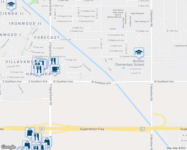 map of restaurants, bars, coffee shops, grocery stores, and more near 1147 South Grenoble in Mesa