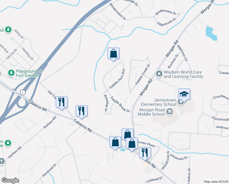 map of restaurants, bars, coffee shops, grocery stores, and more near 3322 Saddle Brook Drive in Hephzibah