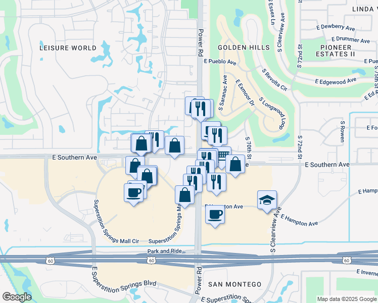 map of restaurants, bars, coffee shops, grocery stores, and more near 198 Leisure World in Mesa