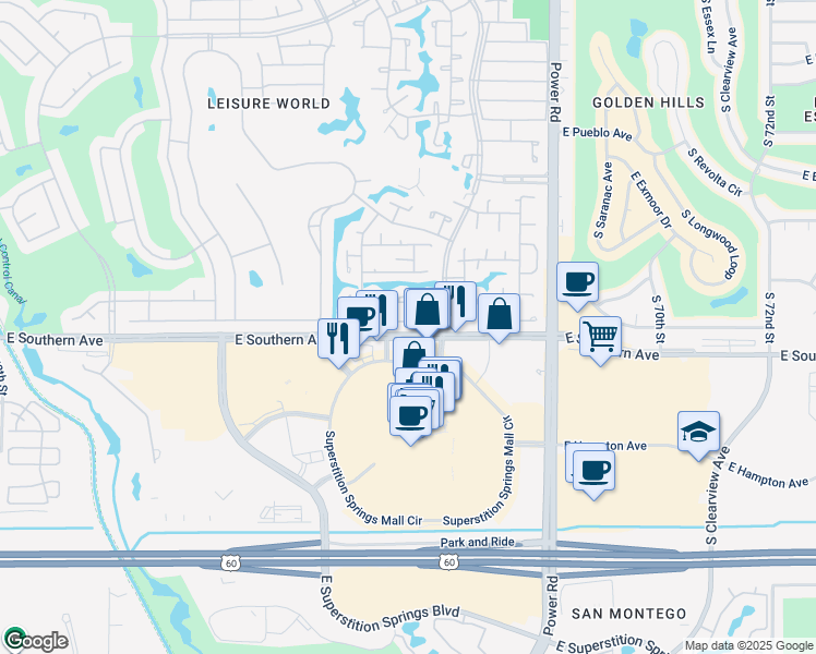 map of restaurants, bars, coffee shops, grocery stores, and more near 480 Leisure World in Mesa