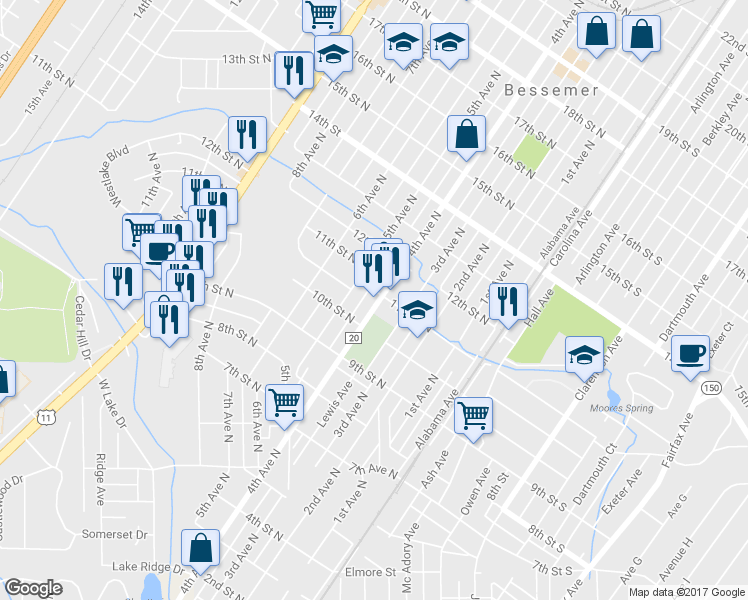 map of restaurants, bars, coffee shops, grocery stores, and more near 1030 4th Ave N in Bessemer