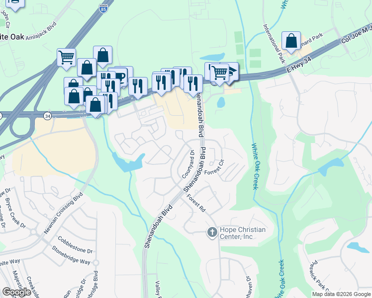 map of restaurants, bars, coffee shops, grocery stores, and more near 15 Courtyard Lane in Newnan