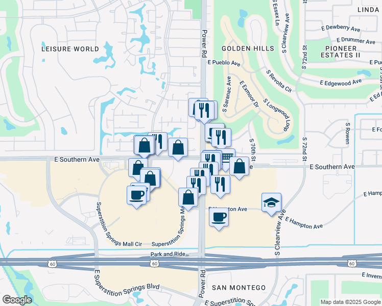 map of restaurants, bars, coffee shops, grocery stores, and more near 198 Leisure World in Mesa