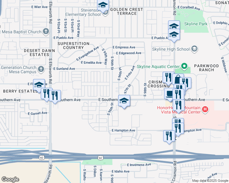 map of restaurants, bars, coffee shops, grocery stores, and more near 1119 South 96th Street in Mesa