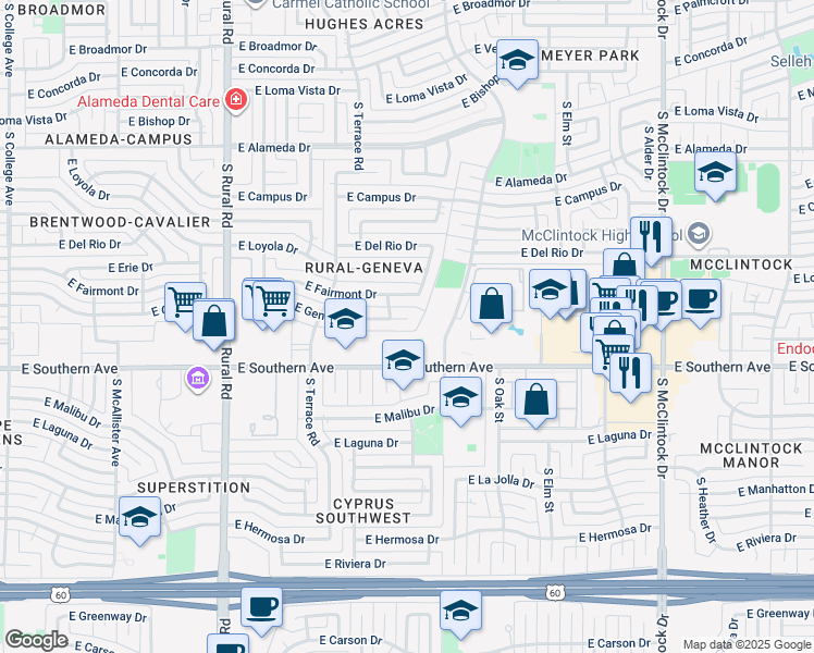 map of restaurants, bars, coffee shops, grocery stores, and more near 1209 East Geneva Drive in Tempe
