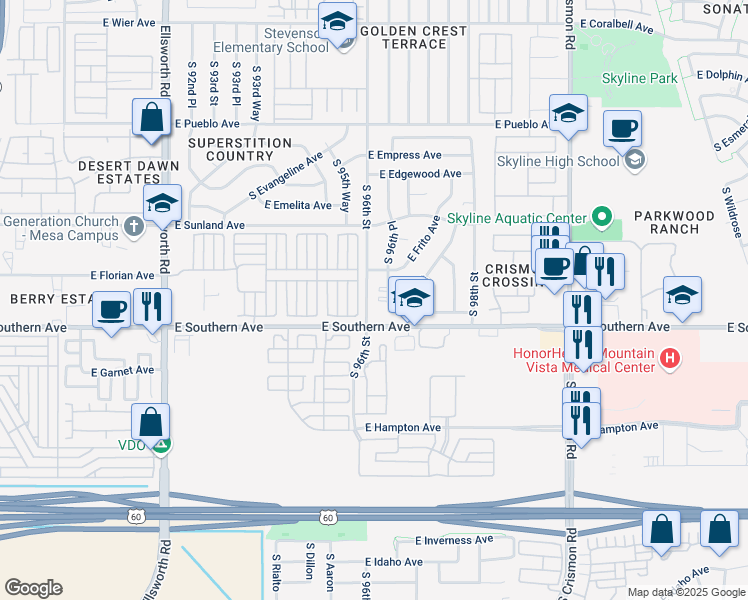 map of restaurants, bars, coffee shops, grocery stores, and more near 1119 South 96th Street in Mesa