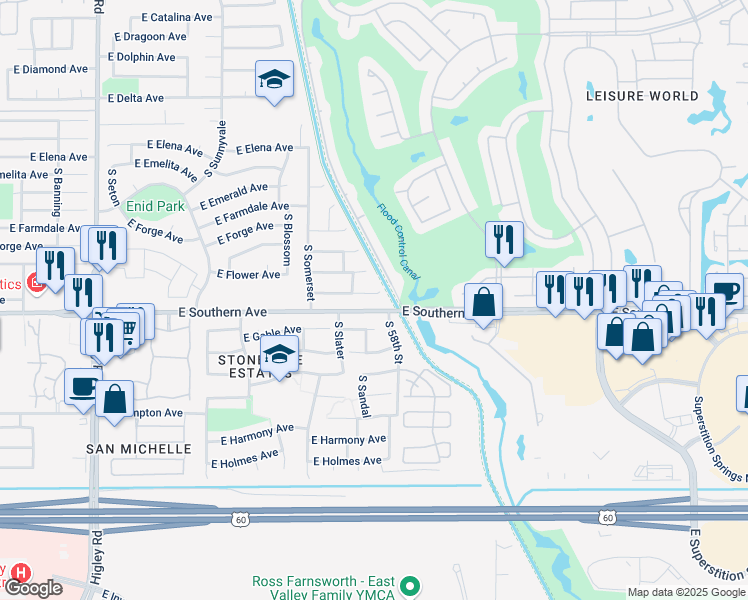 map of restaurants, bars, coffee shops, grocery stores, and more near 5727 East Flossmoor Circle in Mesa