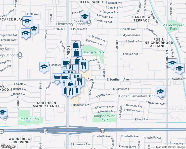 map of restaurants, bars, coffee shops, grocery stores, and more near 1140 South Chestnut in Mesa