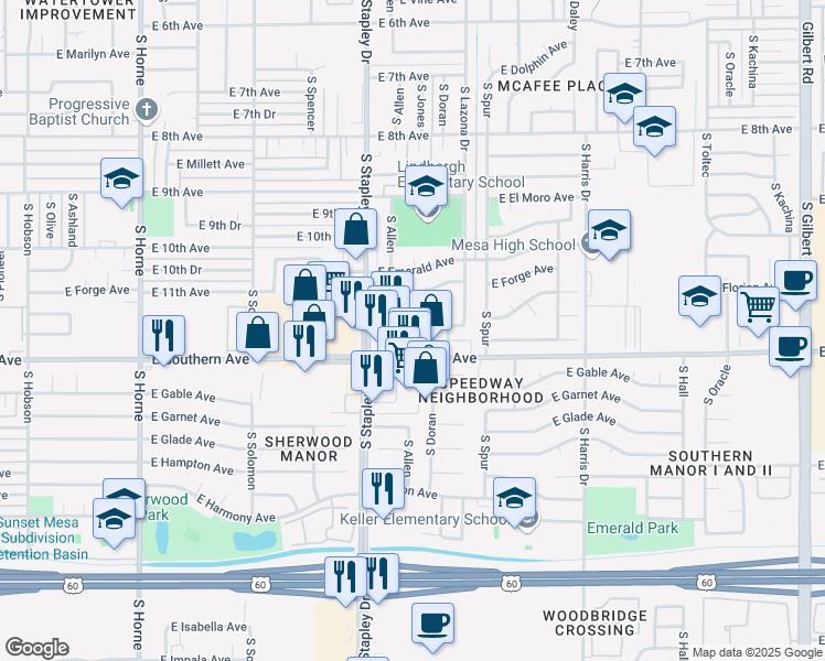 map of restaurants, bars, coffee shops, grocery stores, and more near 1111 S Stapley Dr in Mesa
