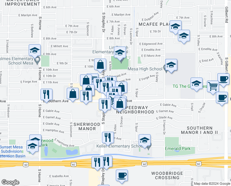 map of restaurants, bars, coffee shops, grocery stores, and more near 1111 S Stapley Dr in Mesa