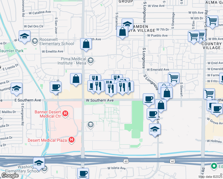 map of restaurants, bars, coffee shops, grocery stores, and more near 1754 West Southern Avenue in Mesa