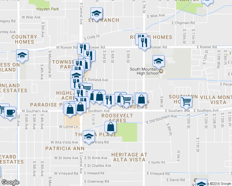 map of restaurants, bars, coffee shops, grocery stores, and more near 422 East Pecan Road in Phoenix
