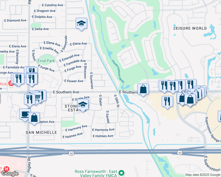 map of restaurants, bars, coffee shops, grocery stores, and more near 5727 East Flossmoor Circle in Mesa