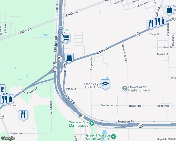 map of restaurants, bars, coffee shops, grocery stores, and more near 2518 Leopard Drive in Texarkana