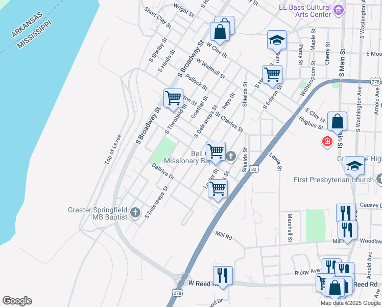 map of restaurants, bars, coffee shops, grocery stores, and more near 1207 South Delesseps Street in Greenville