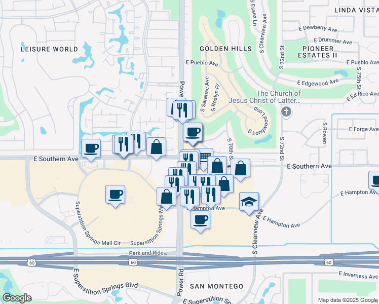 map of restaurants, bars, coffee shops, grocery stores, and more near 1165 South Power Road in Mesa