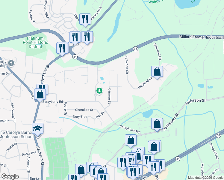 map of restaurants, bars, coffee shops, grocery stores, and more near 13 Ozmore Street in Newnan