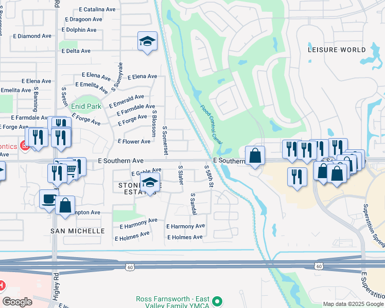 map of restaurants, bars, coffee shops, grocery stores, and more near 5727 East Flossmoor Circle in Mesa