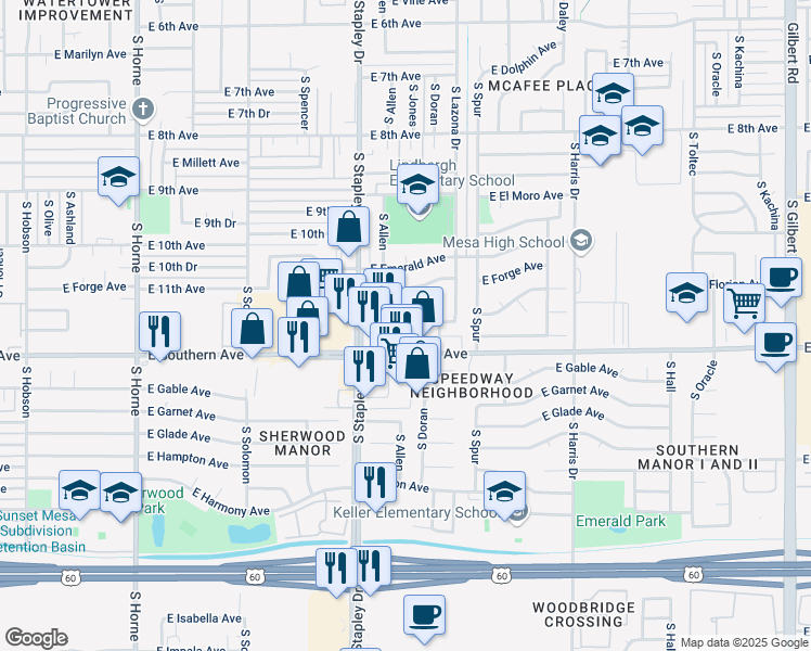 map of restaurants, bars, coffee shops, grocery stores, and more near 1111 S Stapley Dr in Mesa