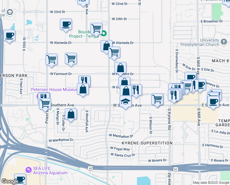 map of restaurants, bars, coffee shops, grocery stores, and more near 815 West Geneva Drive in Tempe