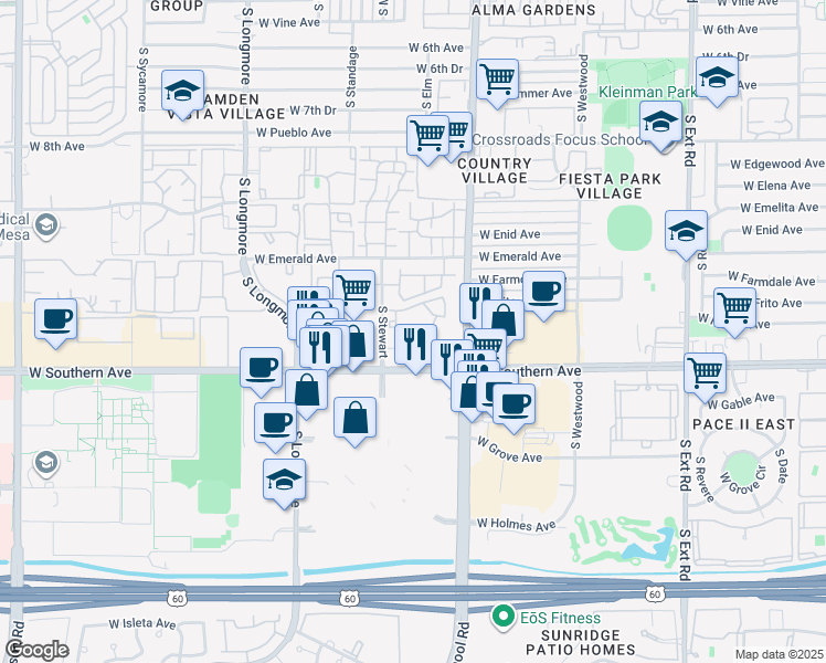 map of restaurants, bars, coffee shops, grocery stores, and more near 1312 West Southern Avenue in Mesa