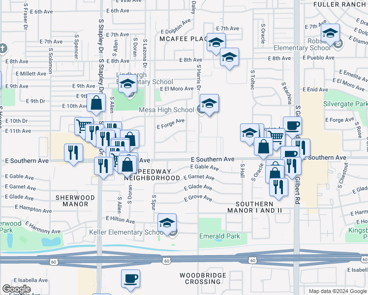 map of restaurants, bars, coffee shops, grocery stores, and more near 1132 South Daley in Mesa