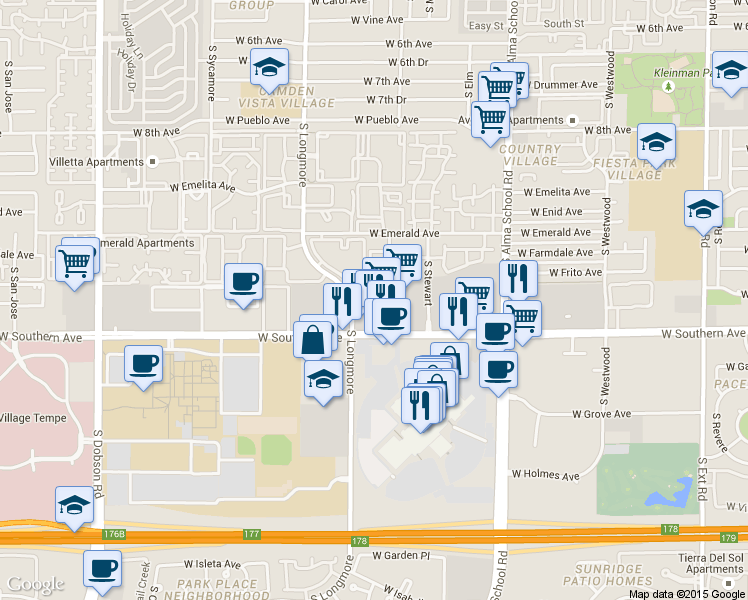 map of restaurants, bars, coffee shops, grocery stores, and more near 1350 W Southern Ave in Mesa