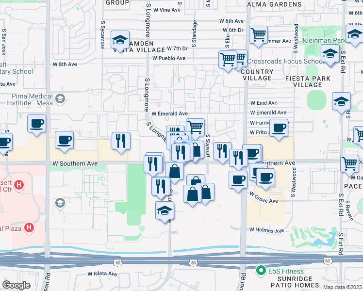 map of restaurants, bars, coffee shops, grocery stores, and more near 1420 West Southern Avenue in Mesa