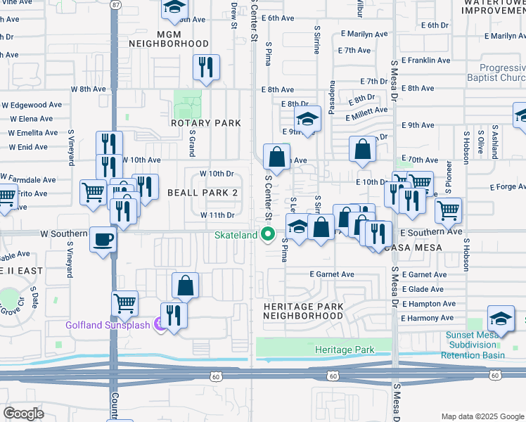 map of restaurants, bars, coffee shops, grocery stores, and more near 1124 South Center Street in Mesa