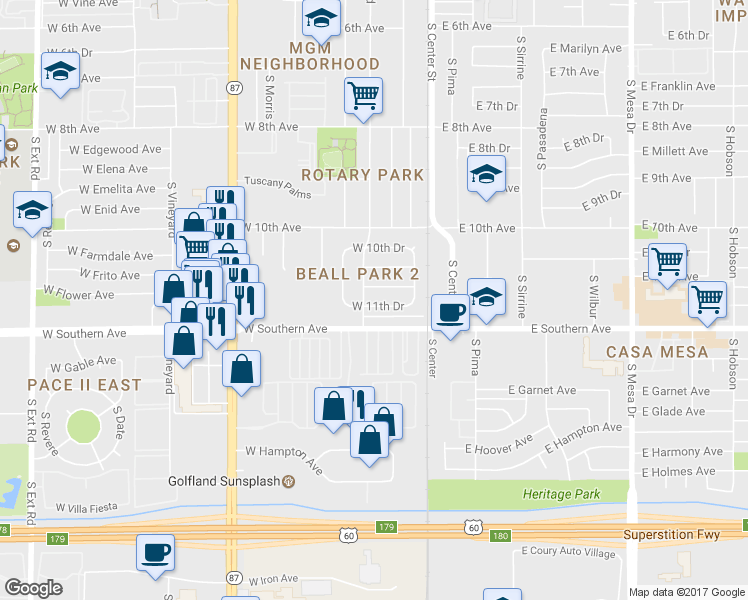 map of restaurants, bars, coffee shops, grocery stores, and more near 74 West 11th Drive in Mesa